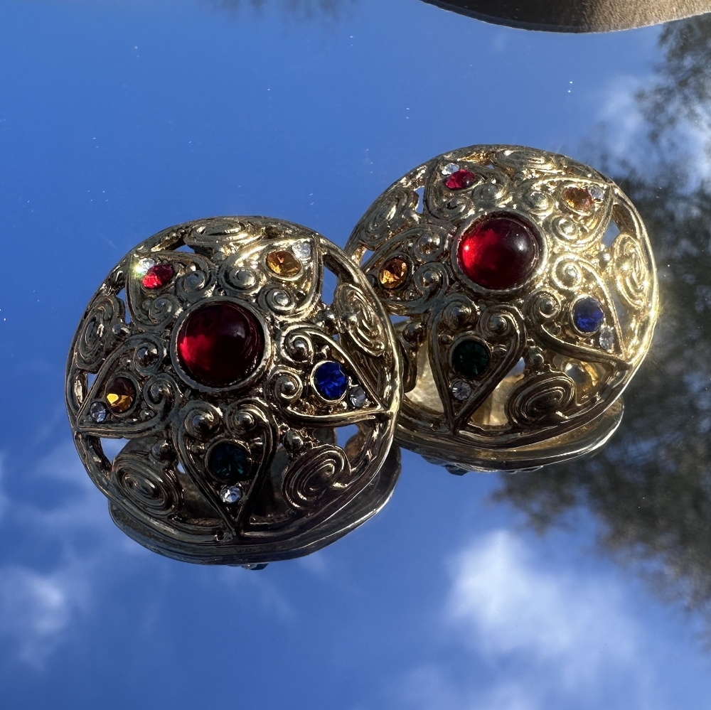 Vintage 1980s Gold Filigree Post Earrings with Colored Gem's